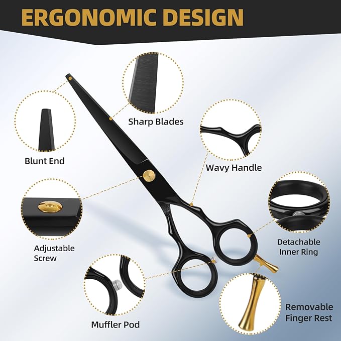 Ethyxe Hair Cutting Scissors Kit with Razor, Leather Case, Barber Hair Cutting Shears Thinning Blender Scissors for Professional Hairdresser or Home Use (Black)