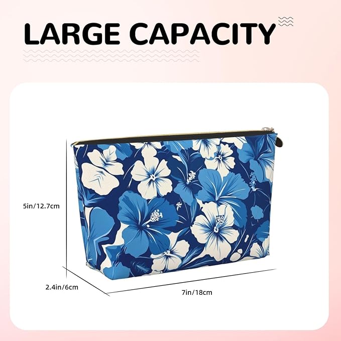 Dultua Mothers Day Gifts Makeup Bag Purse Cosmetic Bag Travel Toiletry Leather Make Up Bags for Mom Wife Women Daughter Blue Hibiscus