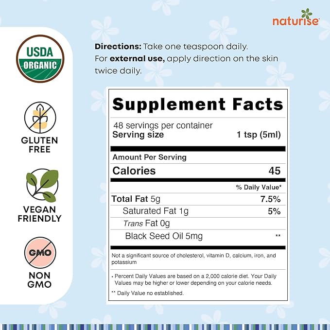 Naturise - Organic Black Seed Oil (Nigella Sativa, Cumin Seed) Cold Pressed Non-GMO, 8 oz Glass Bottle Source of Essential Fatty Acids, Omega 3 6 9'