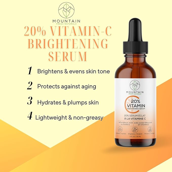 Mountain Fresh Naturals Vitamin C Serum – 20% 3-0-Ethyl Ascorbic Acid, Ferulic Acid & Vitamin E – Brightening, Hydrating, Anti-Aging Serum for Dark Spots, Uneven Skin Tone & Wrinkles – 30mL / 1 fl oz