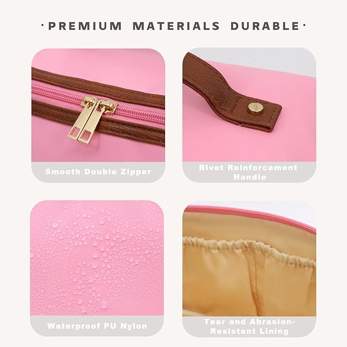 JINYIBAGS Travel Makeup Bag – Large Cosmetic Organizer with Waterproof Nylon, Smooth Double Zipper & Tear-Resistant Lining, Toiletry Pouch for Women (Pink)