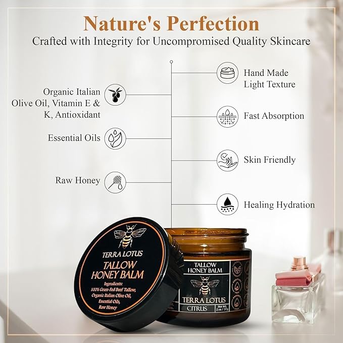 Terra Lotus - Organic Grass-Fed Beef Tallow Balm with Raw Honey - Moisturizing Cream for Soft, Smooth Skin - Handmade All-Natural Moisturizer (2 Oz, Lavender)