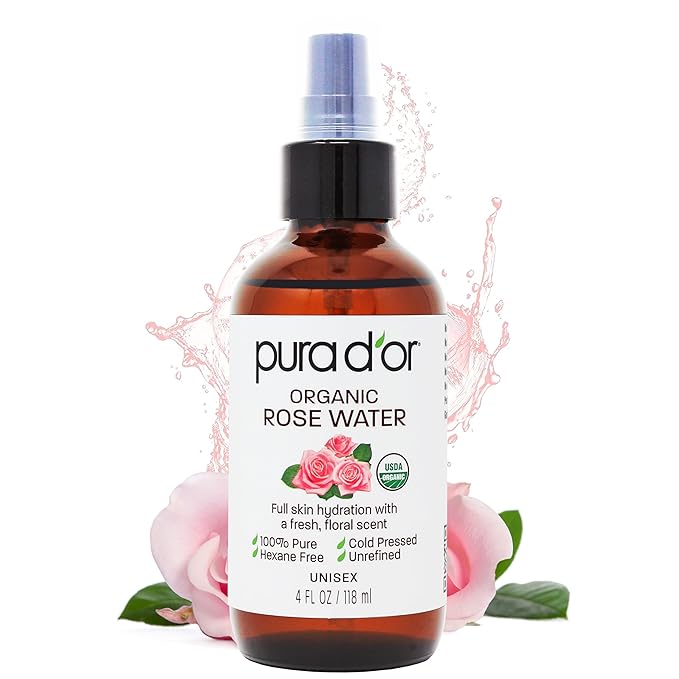 PURA D'OR 4 Oz ORGANIC Rose Water Toner - USDA Certified 100% Pure Full Skin Hydration, Control Excess Oils- Cleanses & Softens - Promotes Healthy Skin - For All Skin Types, Ayurvedic Skin Care