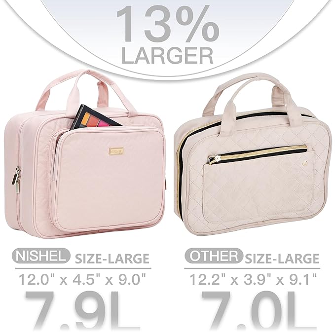 NISHEL Travel Toiletry Bag for Women, Makeup Essentials Organizer, Hanging Case for Accessories, Cosmetics, Large Size, Pink