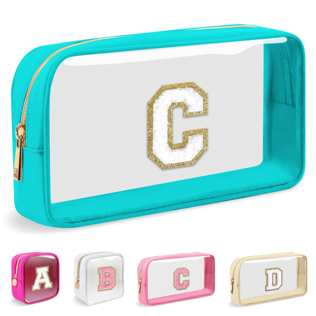 Small Clear Personalized Initial Makeup Bag,Nylon Preppy A-Z Chenille Letter Patch Cosmetic Pouch Beach Toiletry Bag,Waterproof Zipper Travel Purse Storage Bag Organizer for Women Girls(Cyan-White C)