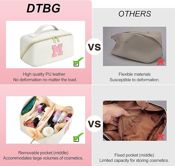 DTBG Makeup Bag for Women, PU Leather Travel Toiletry Bags, Initial Make Up Cosmetic Pouch for Teen Girls, Wide Open Portable Skincare Bag, Personalized Birthday Gifts Graduation Gifts, White C