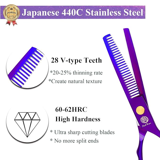 Purple Dragon 5.5 inch Hair Cutting Scissors Set with Razor - Purple