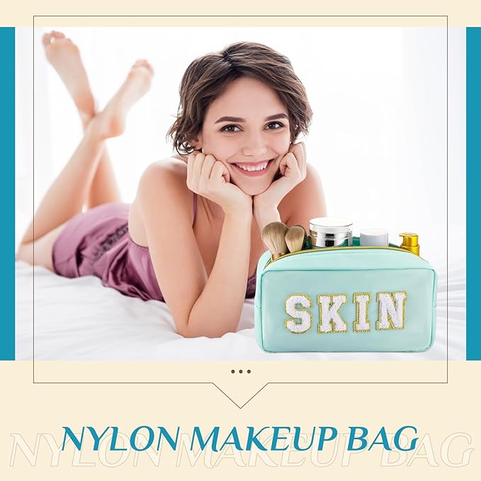 Cunno Preppy Makeup Bags Chenille Letter Stuff Bag Nylon Cosmetic Pouch Cases with Zipper for Women Travel Toiletry(Pastel Color,Classic,4 Pcs)