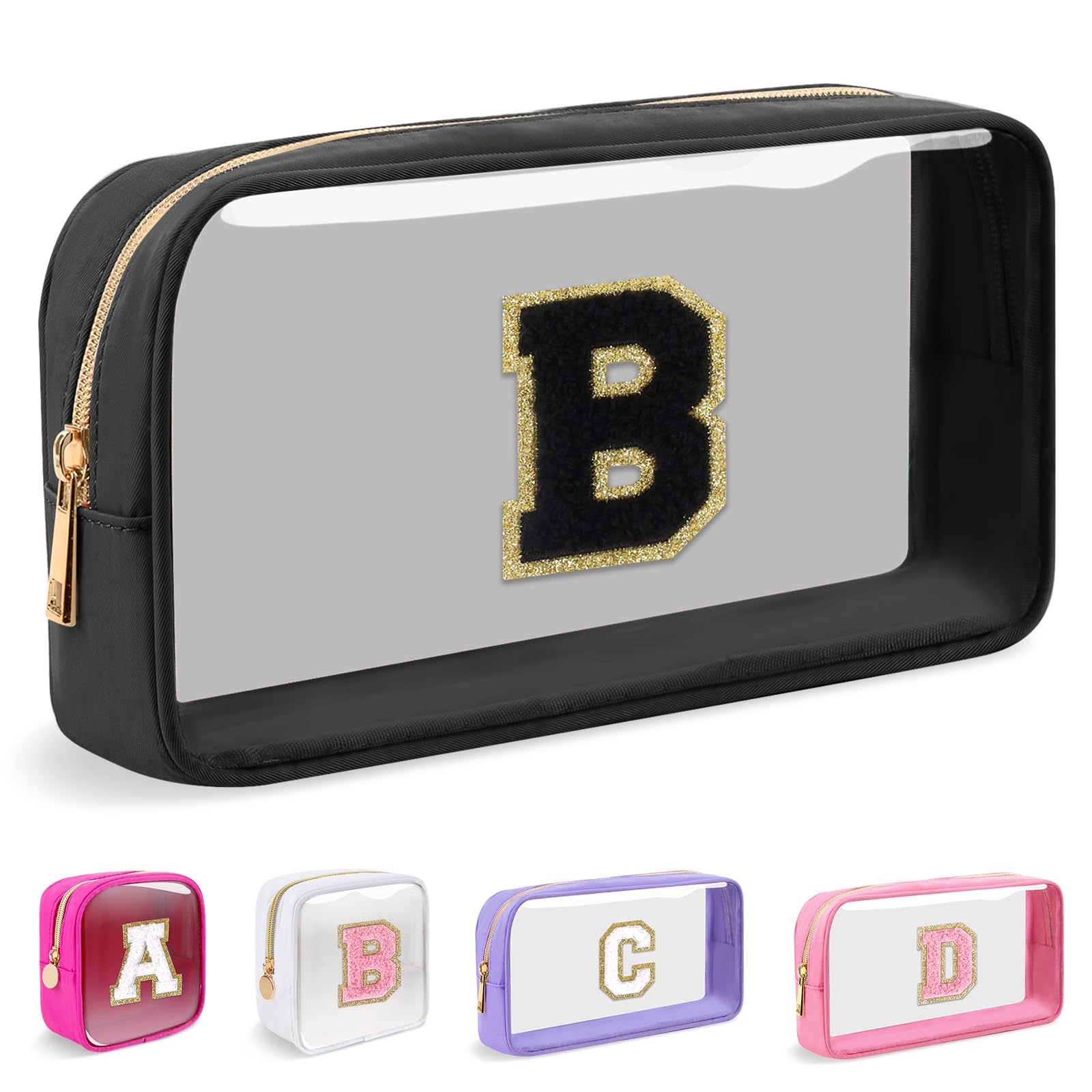 Small Clear Personalized Initial Makeup Bag,Nylon Preppy A-Z Chenille Letter Patch Cosmetic Pouch Beach Toiletry Bag,Waterproof Zipper Travel Purse Storage Bag Organizer for Women Girls(Black-Black B)