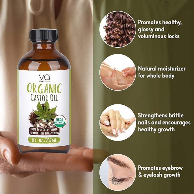 Castor Oil Organic Cold Pressed Glass Bottle 8oz For Hair Growth, Eyebrow