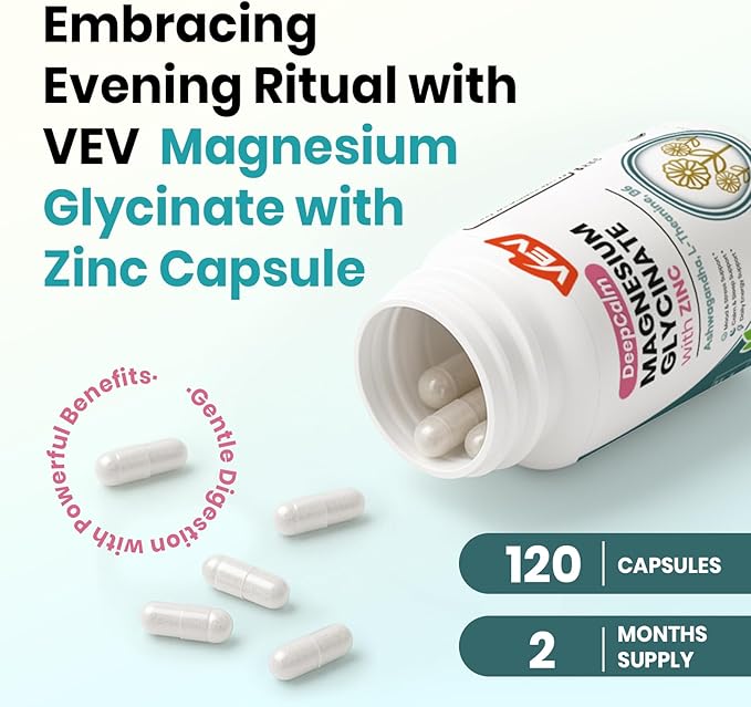 VEV Deep Calm Magnesium Glycinate and Zinc Supplement with Vitamin B6, Ashwagandha & L-Theanine – Cortisol Supplements for Daily Balance – 120 Vegan Capsules