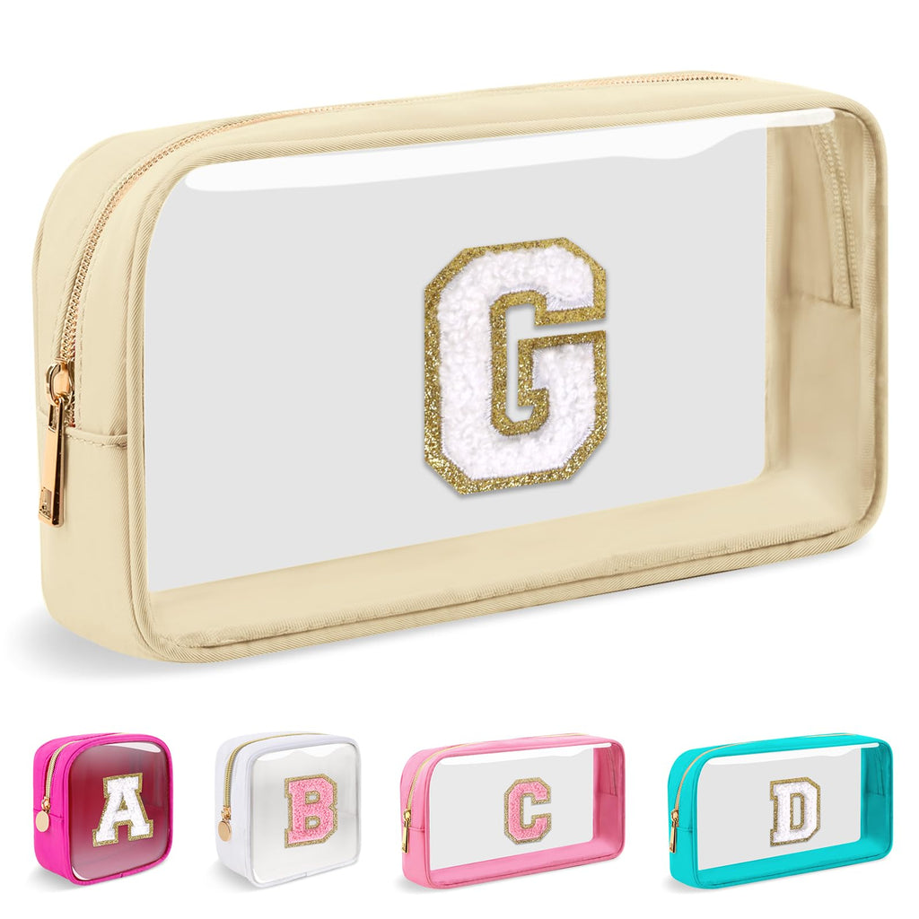 Small Clear Personalized Initial Makeup Bag,Nylon Preppy A-Z Chenille Letter Patch Cosmetic Pouch Beach Toiletry Bag,Waterproof Zipper Travel Purse Storage Bag Organizer for Women Girls(Beige-White G)