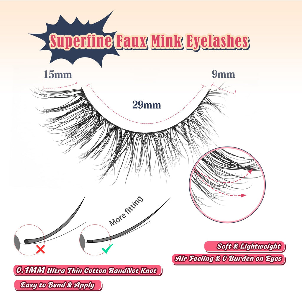 Eyelashes Natural Cat Eye Lashes 15mm Wispy Eyelashes Flared Fluffy Strip Lashes 0.1MM Thin Band False Eyelashes C Curl Lashes Siligli Eye Lashes Pack 7 Pair
