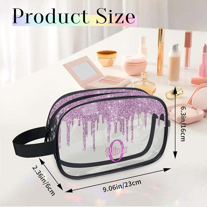 KFNHN Personalized Clear Makeup Bag with Name, Best Friends Teen Women Mom Birthday Gift PVC Cosmetic Toiletry Travel Bag for Toiletries, Plum Purple Fluid Shape Sequins