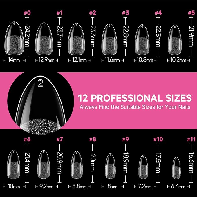 UNA GELLA Medium Almond Nail Tips, 312pcs Gel Nail Tips Almond Shape Pre Etched Full Cover Clear Fake Acrylic Pointed Press On Nails No C Curve for Nails Extension Art DIY Salon 12 Sizes