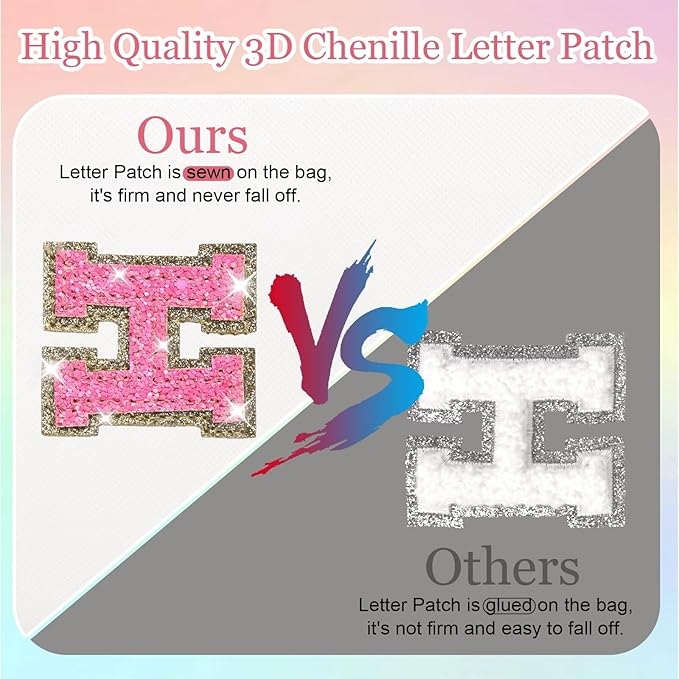 Small Personalized Glitter Initial Letter Makeup Bag, Cute PU Leather Chenille Letters Cosmetic Bag Travel Makeup Pouch, Preppy Travel Organizer Zipper Pouch for Women&Girls（WhiteRosePink-Q）
