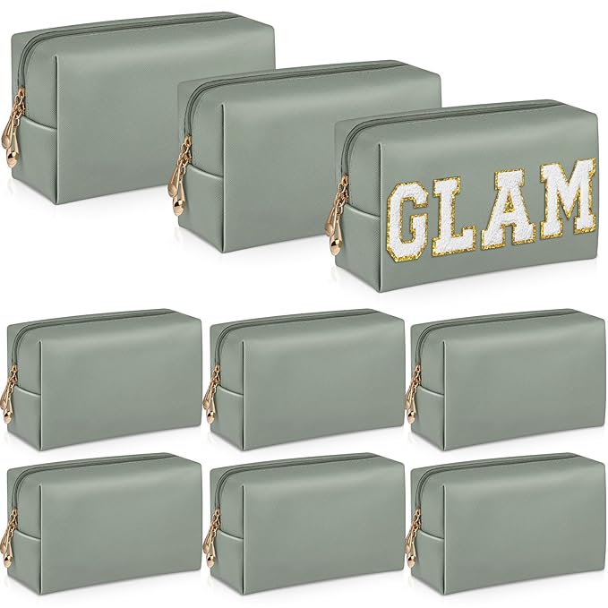 Sanwuta 9 Pcs Makeup Bags Bulk Bridesmaid Proposal Gifts Cosmetic Bags Preppy PU Leather Double Zipper Toiletry Pouch Portable Travel Organizer Case for Women Bachelorette Gift(Dark Green)