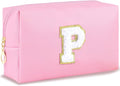 URSKYTOUS Initial Makeup Bag Personalized Preppy Travel Small Cosmetic Bag Cute PU Pink Chenille Letter Makeup Pouch for Purse Waterproof Zippered Toiletry Organizer for Women Girls Kids Friends (P)