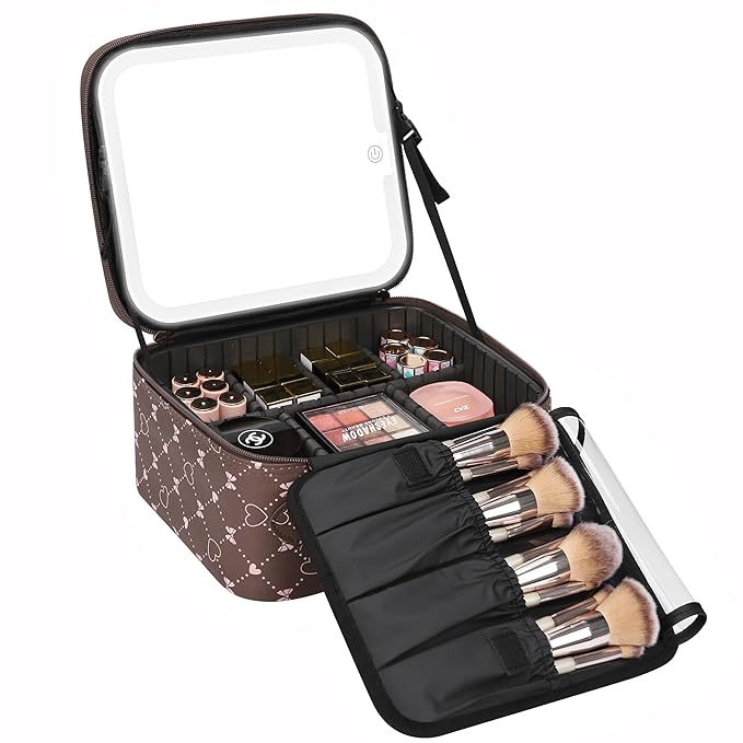 Relavel Travel Makeup Bag With LED Mirror, Brown Bowknot