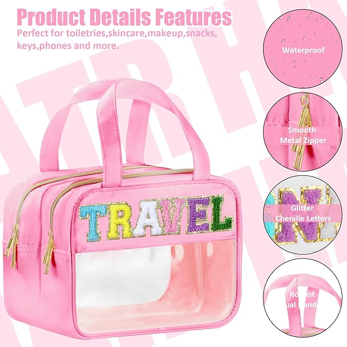 BuyCard Chenille Letter Clear Travel Bags, Makeup Bag for Travel, Preppy Patch Nylon Cosmetic Bag with Handles and Zipper, Waterproof Large Clear Travel Toiletry Bag Storage Bag for Women Pink