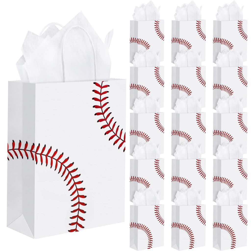 durony 16 Pieces Baseball Party Favor Bags with Handles Tissue Paper Gift Bags Goodie Candy Treat Bag for Birthday, Baseball Themed Party Supplies (8.6 x 6.2 x 3.1 Inches)
