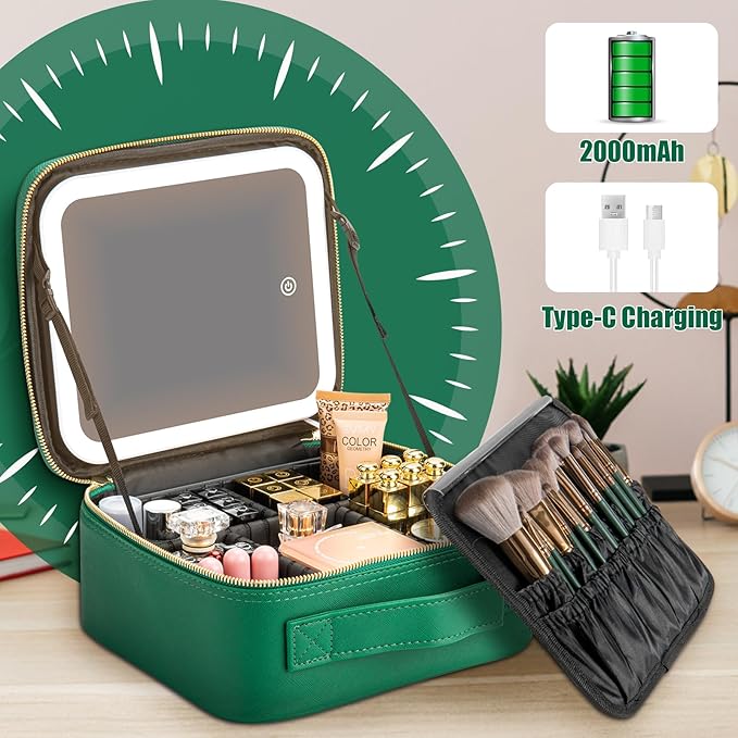 Extrei Gent Makeup Travel Train Case with Mirror LED Light 3 Adjustable Brightness Cosmetic Bag Portable Storage Adjustable Partition Waterproof Makeup Brushes Makeup Jewelry Gift for Women, Green