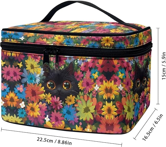 Drydeepin Black Cat Colorful Flowers Pattern Travel Makeup Bag for Women Large Capacity Cosmetic Bag with Zipper and Handle Portable Toiletry Bag Make Up Organizers
