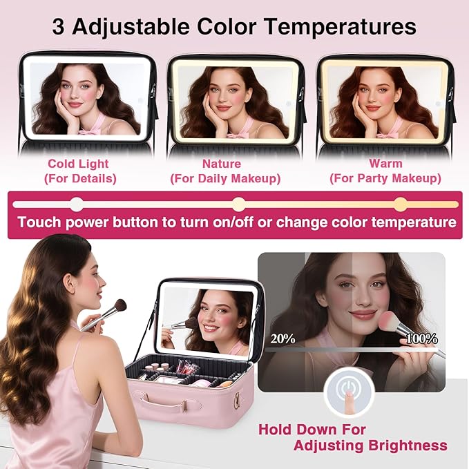 Faquenc Large Makeup Bag with LED Mirror,15”Cosmetic Train Case for Makeup Artists,Travel Makeup Organizer Case w Divider Rechargeable Vanity Mirror with 3 Color Lights for Barber,MUA,Nail Tech, Pink