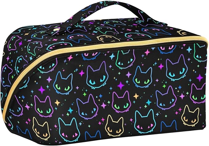 MNSRUU Makeup Organizer Bag, Colorful Neon Cat Heads Travel Makeup Bags Makeup Vanity Case Large Capacity Rhombus Cosmetic Toiletry Bag for Girl Women Ladies