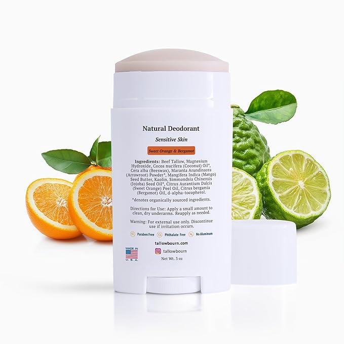 Tallow Deodorant - Magnesium Hydroxide Formula - Sweet Orange, Bergamot 3oz