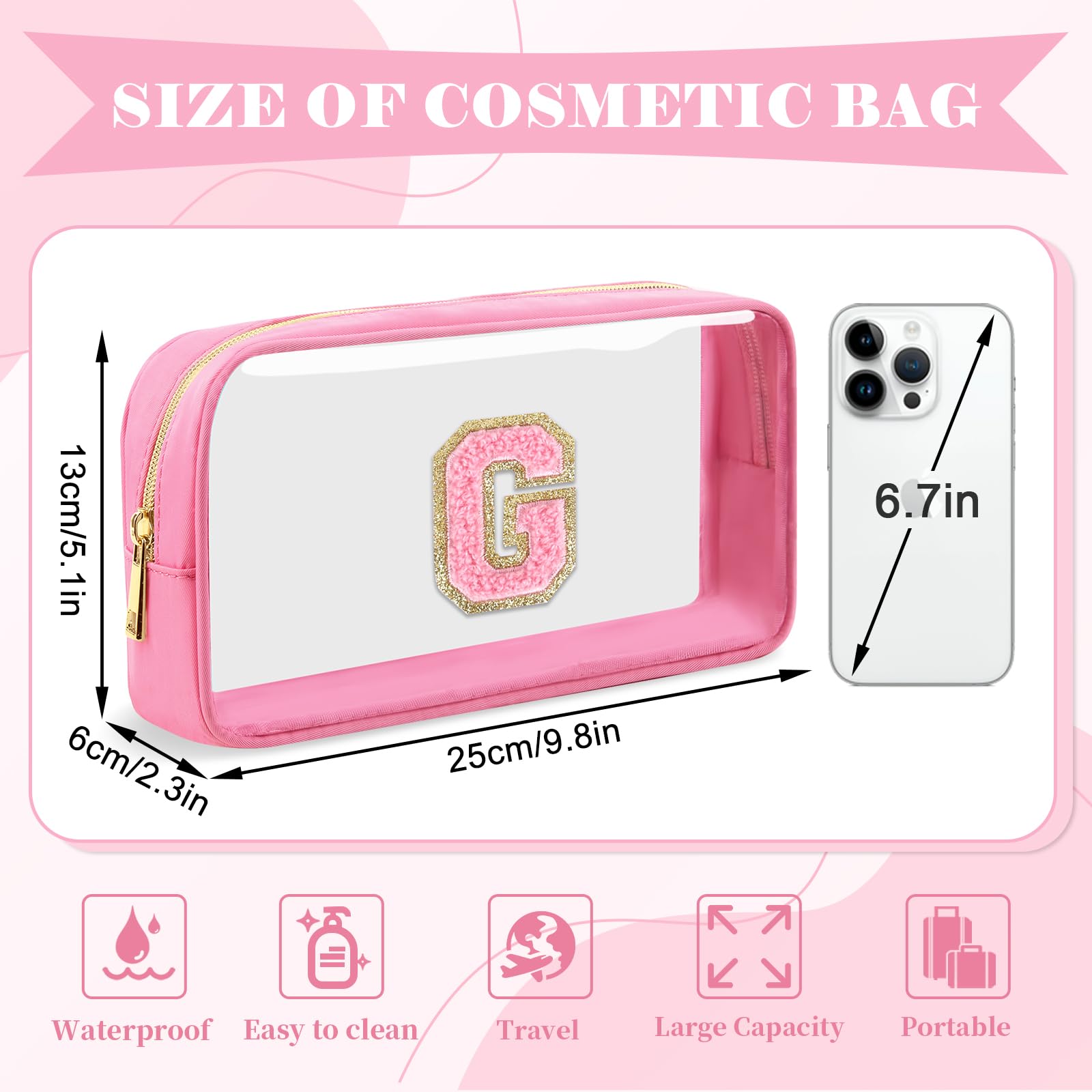 Personalized Initial Letter Clear Makeup Bag,Preppy Small Nylon&PVC Cosmetic Zipper Bag with Chenille Letter,Portable Beach Travel Skincare Toiletry Bag,Trendy Monogram Gift for Teen Girls Women,G