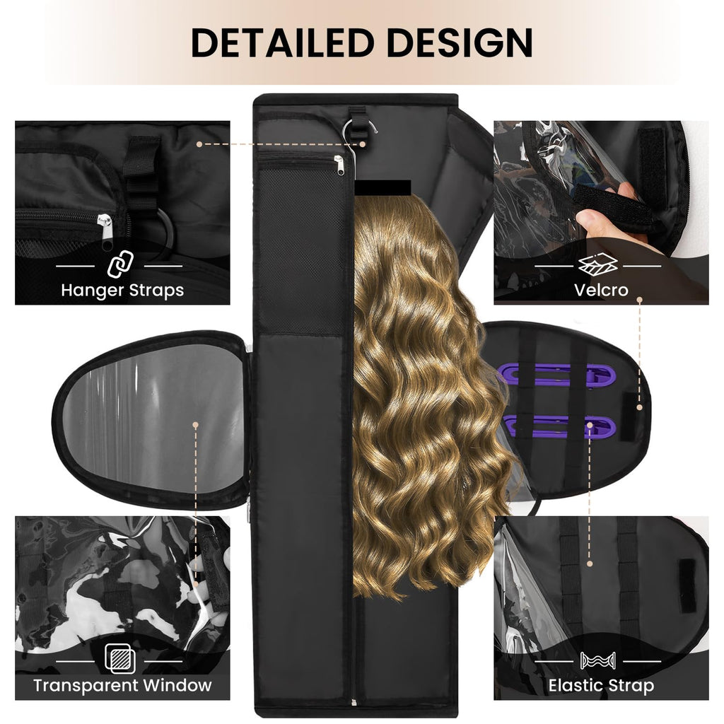 Wig Storage Bag Holds 3 Wigs Hair Tools Travel Bag Full-Open Breathable Organizer Case for Clips, Hair Dryer, Flat Curling Iron Brushes,Cosmetic Toiletry Tote Christmas Gift for Women Stylist