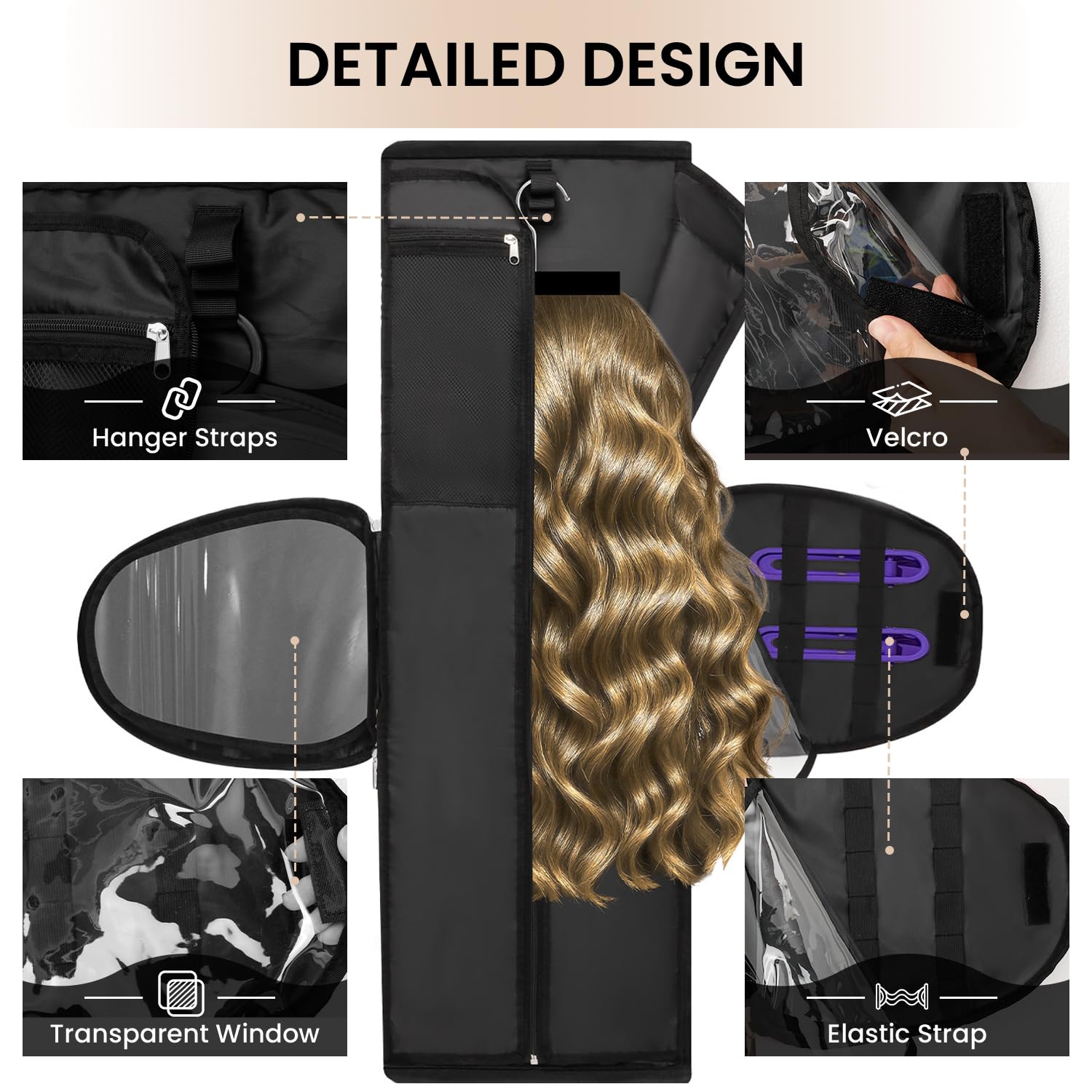 Wig Storage Bag Holds 3 Wigs Hair Tools Travel Bag Full-Open Breathable Organizer Case for Clips, Hair Dryer, Flat Curling Iron Brushes,Cosmetic Toiletry Tote Christmas Gift for Women Stylist