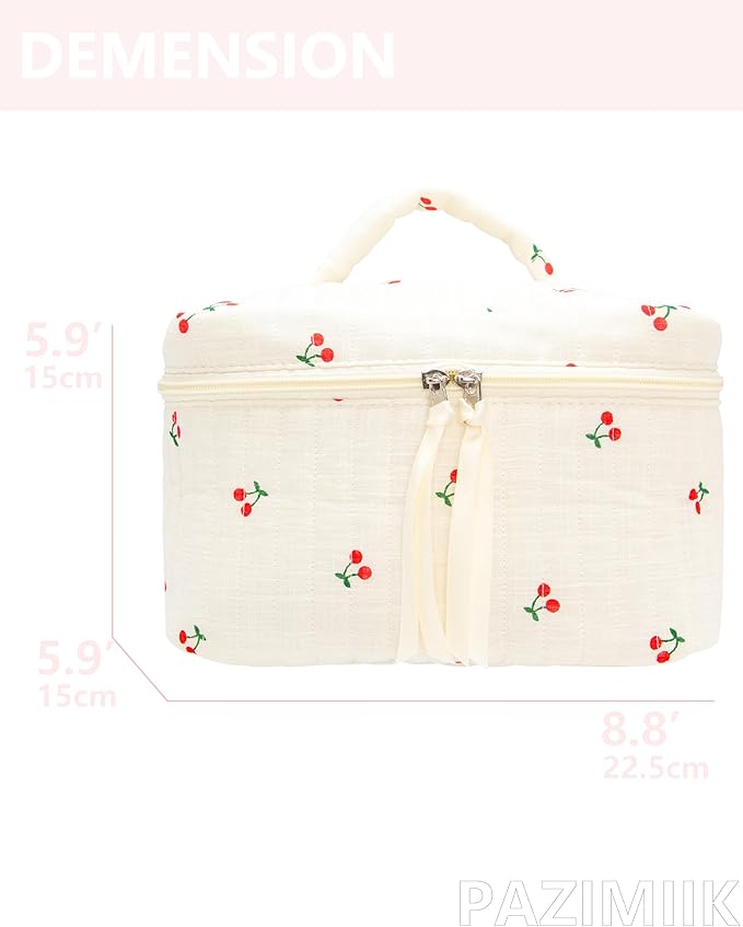 Quilted Makeup Bag for Women, Travel Cosmetic&Toiletry Bag,Cherry Beige
