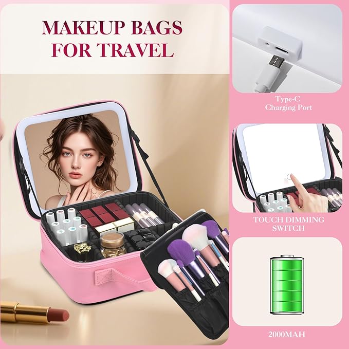 Yaliang Travel Makeup Bag with Mirror & 6 Adjustable EVA Dividers, Hot Pink