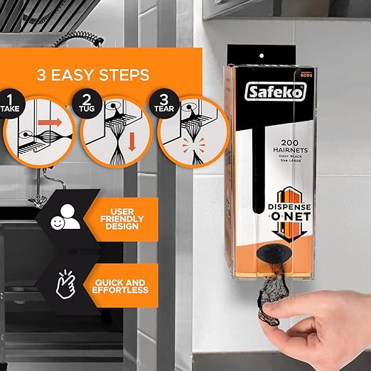 SAFEKO Dispense-O-Net Hairnet Dispenser & Wall Mount | Black Hairnets + Wall Mount | Lightweight Nylon Hairnets | Latex-Free