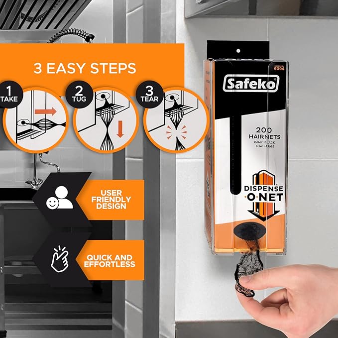 SAFEKO Dispense-O-Net Hairnet Dispenser Refill | 200 Hairnets | Lightweight Nylon Hair nets | Latex-Free | Black | Hairnets only