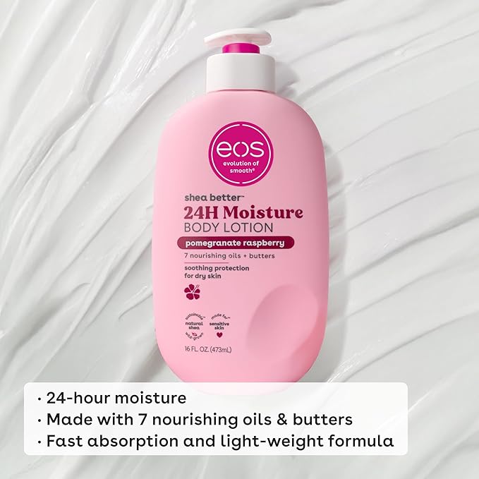 eos Shea Better Body Lotion Pomegranate Raspberry, 24-Hour Moisture Skin Care, Lightweight & Non-Greasy, Natural Shea, Vegan, 16 fl oz