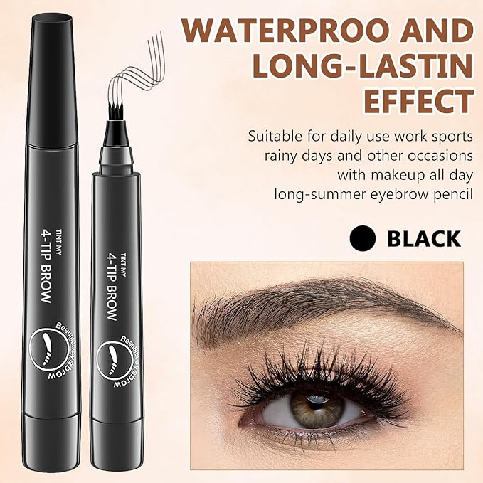 2Pcs Magic Microblading Eyebrow Pencil, 4-Tip Brow Pencil with Micro-Fork Tip, 3D Waterproof Microblading Eyebrow Pen, Eyebrow Tattoo Pen for Natural Makeup (Light Brown)