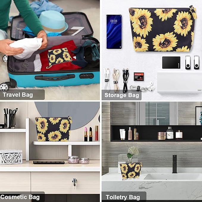 HAWEE Cosmetic Bag for Women Make up Storage Pouch Case Portable Zipper Travel Accessories Organizer for Toiletry Water Repellent, Sunflower