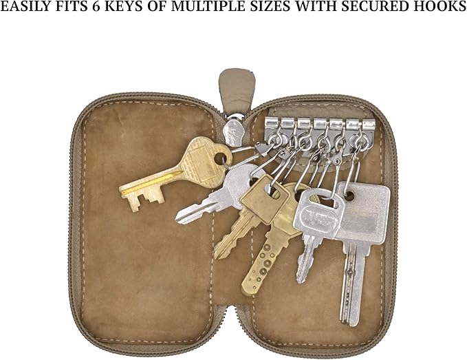 Adamis Full Grain Genuine Leather Keychain Holder Pouch, Key Case, Soft Strong and Compact Organizer and Wallet with Zip Closure for Extra Safety and 6 Key Holder Hooks in Beige