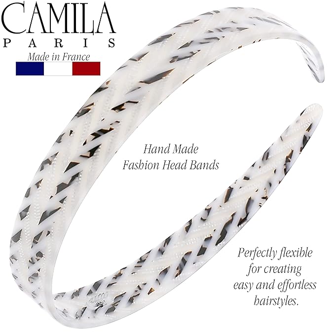 Camila Paris CP3468 French Headband for Women, Handmade White and Gray, Strong Hold Grip Women's Hair Band, Ligth and Very Flexible, No Slip Durable Styling Girls Hair Accessories, Made in France