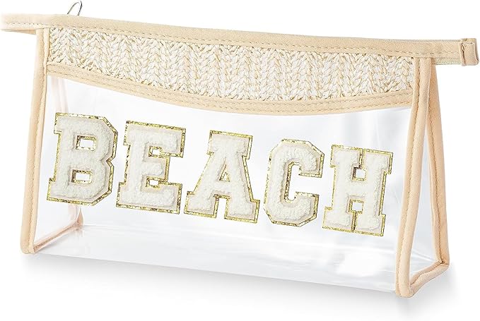 newplenty Clear Boho Patch Makeup Bag, Letter BEACH Cosmetic Bag, Transparent Travel Toiletry Bag, Waterproof Snacks Bag, Zipper Sunscreen Bag Gift for Women Girls (Beach)