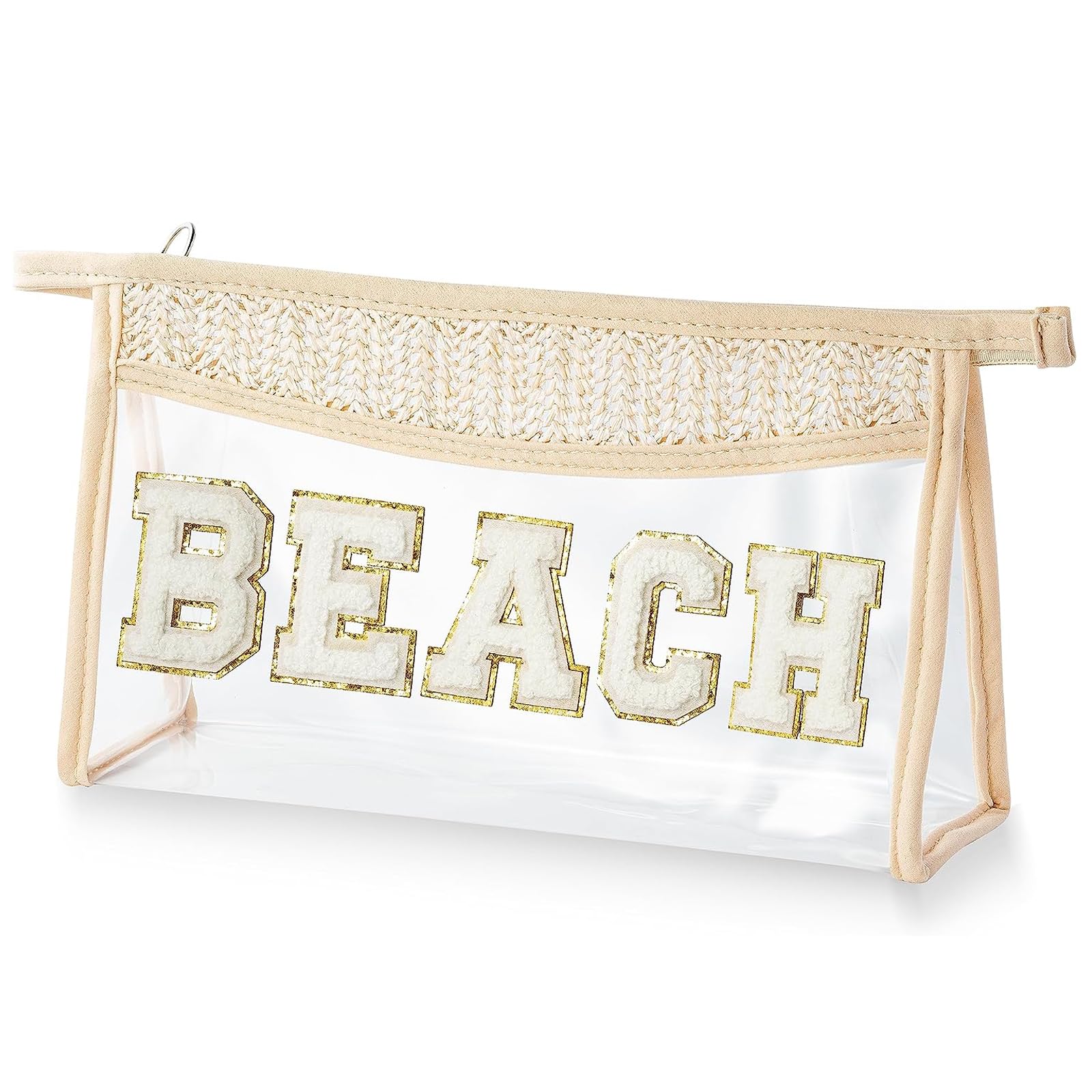 newplenty Clear Boho Patch Makeup Bag, Letter BEACH Cosmetic Bag, Transparent Travel Toiletry Bag, Waterproof Snacks Bag, Zipper Sunscreen Bag Gift for Women Girls (Beach)