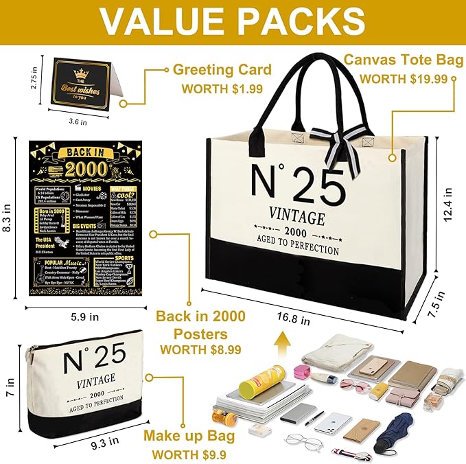 25th Birthday Gift for Women-N°25 Canvas Tote Bag,Makeup Bag,Back in Poster