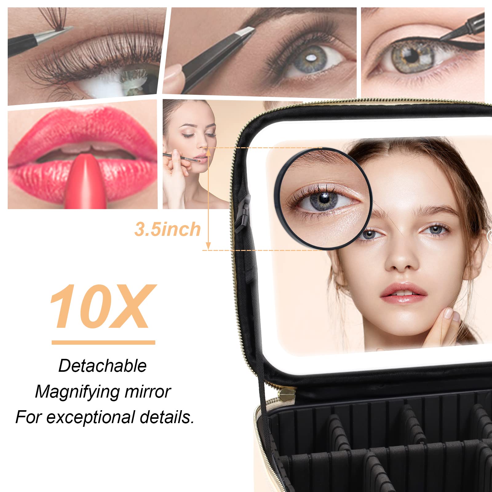 Jadazror Portable Travel Makeup Bag with Lighted Mirror, 3 Color Brightness, Beige