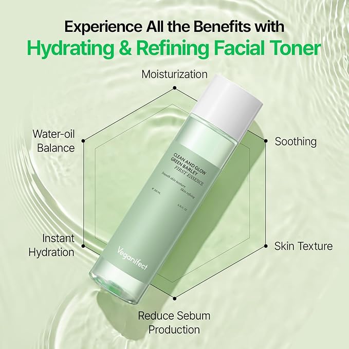 VEGANIFECT Green Barley First Essence, Deep Hydration & Smooth Skin Texture with AHA and Rice, Gently Removes Sebum, Low-Irritation Vegan Korean Skincare for Glowing Skin, 200ml / 6.76 fl oz