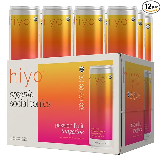 Hiyo Organic Social Tonic – Passion Fruit Tangerine, 12 Pack - Non-Alcoholic Functional Seltzer, Flavored Sparkling Water Crafted with Organic Adaptogens, Nootropics & Botanicals