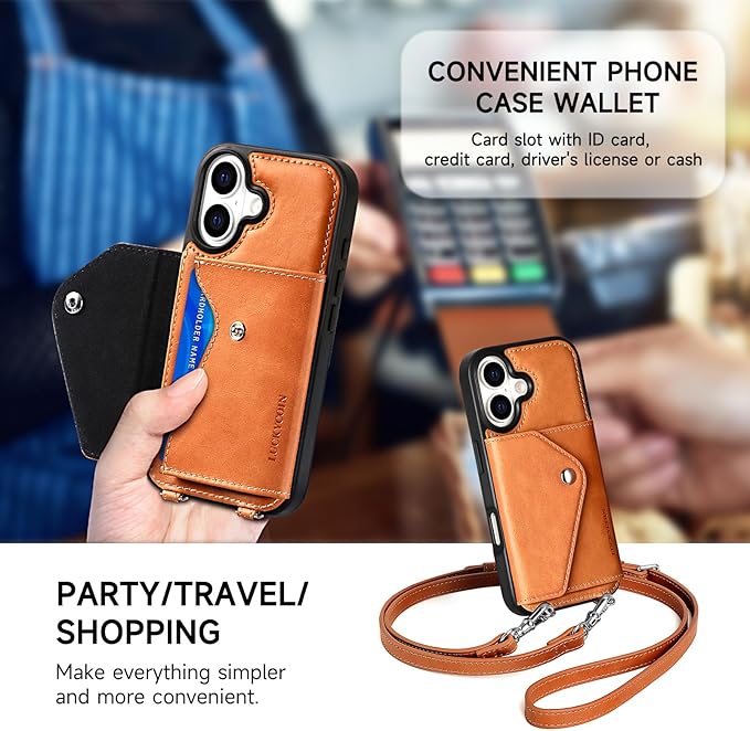 LUCKYCOIN Crossbody Phone Case for iPhone 17,100% Genuine Leather Phone Wallet Case for Women, Fashion Premium Hands-Free Phone Purse with Expandable Flip Card Holder & Adjustable Strap - Retro Brown
