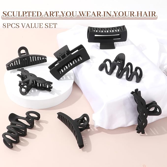 Matte Non-Slip Large Hair Clips for Women 8PCS (All Black)